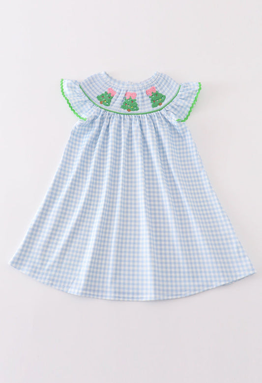 Blue Plaid Christmas French knot smocked Dress